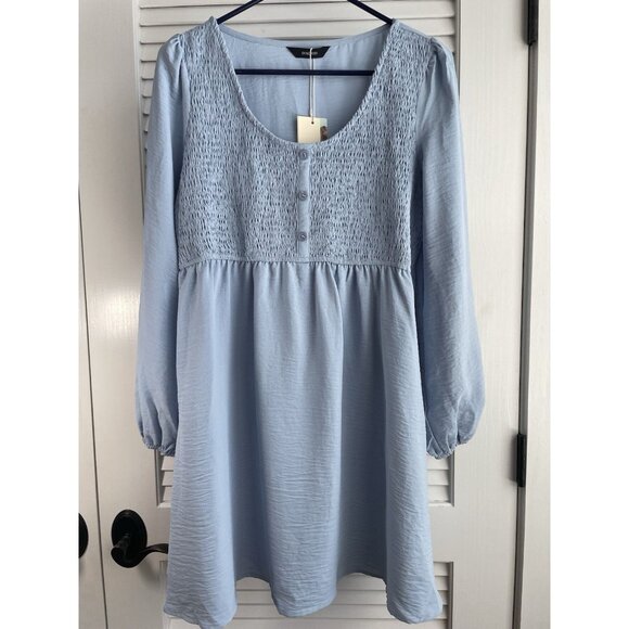 Dokotoo Lt Blue Smocked Button Up Long Sleeve Empire Waist Dress Sz S NWT - Picture 1 of 8